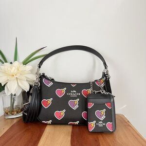 NWT Coach Teri Shoulder Bag and Zip Card‎ Case With Heart Bolt Print